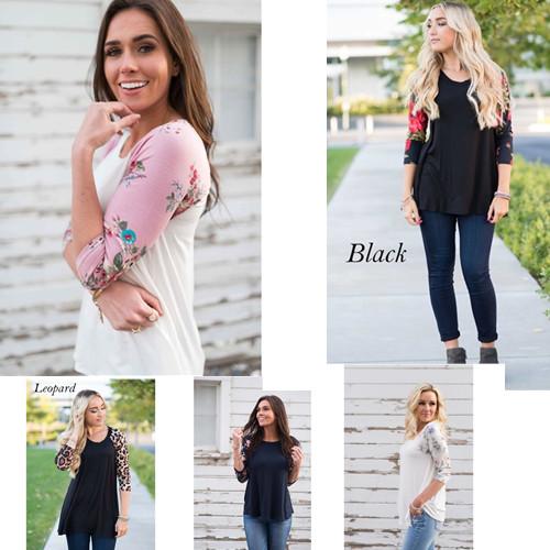 Spring Summer Women Floral Print T Shirt 3/4 Sleeve O-neck Casual Loose T-shirts Leopard Pullover Blouse Plus Size 5XL 6 Styles