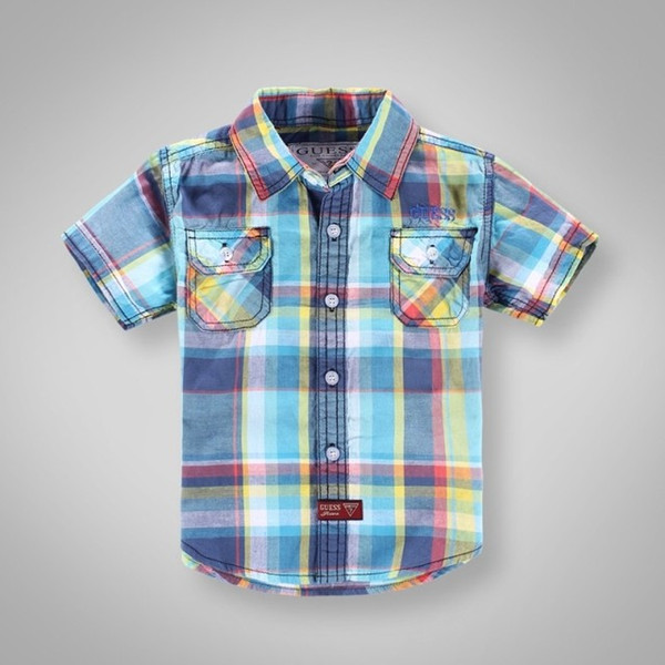 New summer Boys baby Rainbow buckle colours grid Short sleeve shirt tops wholesale