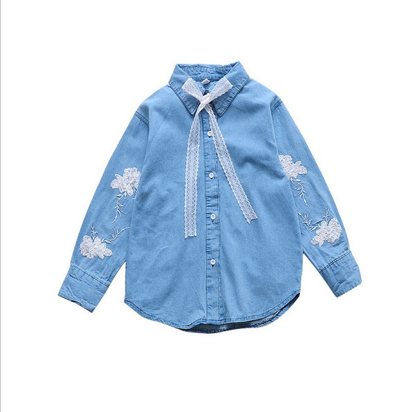 Children Sequined Embroidery Jeans Blouse Kids Tops Girls 11 9 12 14 Years Outwears Students Girls Lace Bow Shirts Spring Autumn