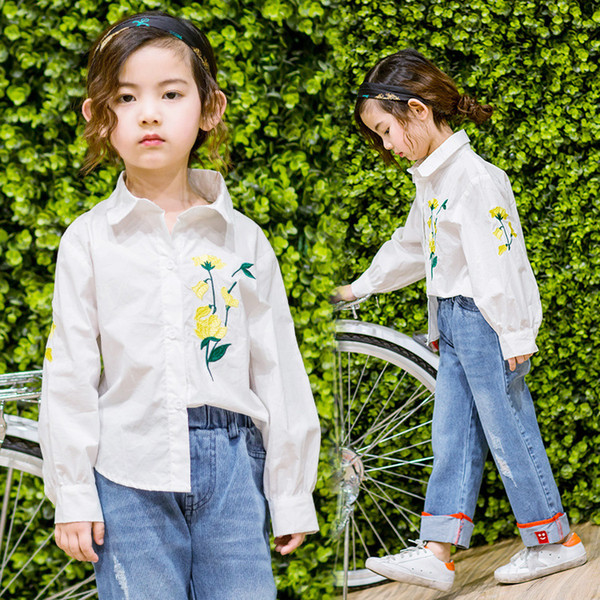 2017 children's new children's new Korean version of the autumn money shirt embroidered white shirt 10pcs/lot drop shipping