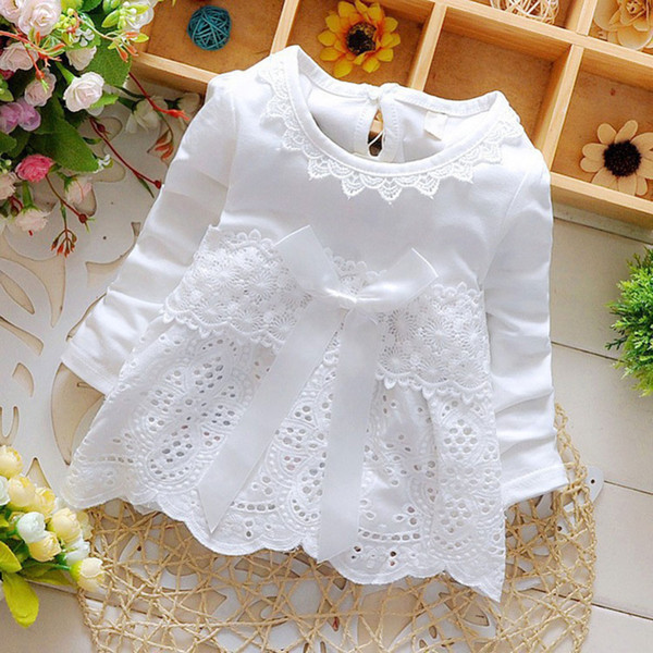 2018 Baby Girls Lace Flower Dresses Sweet Crochet Long Sleeve Bow knot Summer Floral Cotton Hollow out Dress little vestido infantil