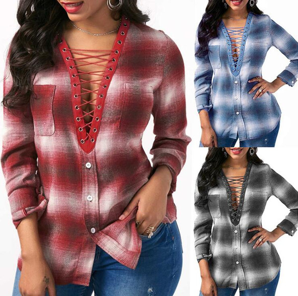 Women Casual V-neck Lace-up Plaid Check T-shirt Casual Cotton Long-Sleeve Plaid Shirt Women Slim Outerwear Blouse Tops Clothing LJJK882