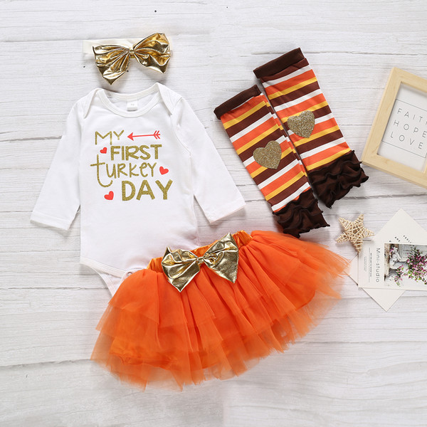 Pudcoco Autumn kids Toddler Baby Girl Turkey Print Dress Outfits 4PCs Long Sleeve Romper Jumpsuit Tutu Skirt Pants Clothes Sets