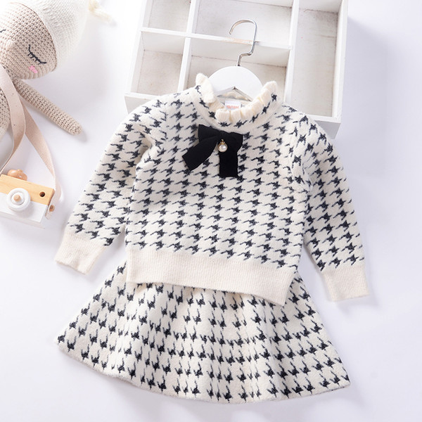 2020 Autumn Winter Preppy style Girls sweater dress Jumper Children Clothing Baby mink velvet Kids Pullover Knitted skirt Set