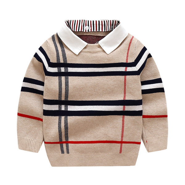 New Children's Top Clothes Child Classic Lattice fake two-piece Sweater Cardigan High Quality Kids Outerwear Baby Boy V-neck Sweaters coat