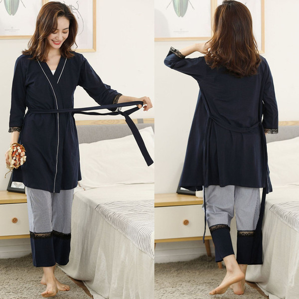 Cotton Maternity Pajamas Sets Cardigan+Camisole+Trousers Belt Three-piece Sleepwear OCollar Pregnant Women Nursing NightgownMX190912