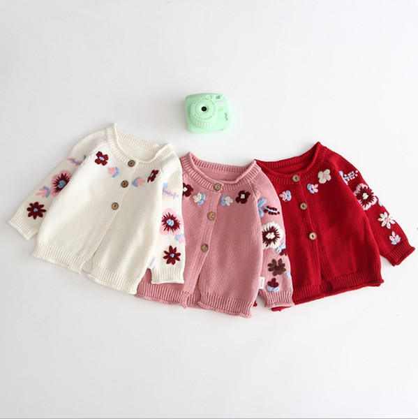 Baby Girl Sweaters Embroidered Toddler Knitted Cardigan Single Breasted Infant Girls Outfits Autumn Winter Children Clothing 3 Colors DW4590