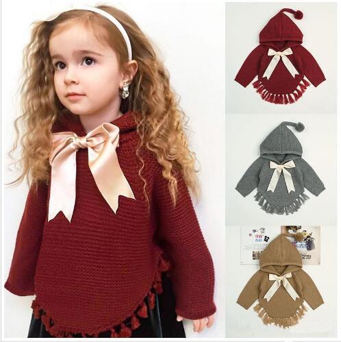 kids designer clothes Girls Pullover children Bow Knit hoodie Spring Autumn Long Sleeve winter sweater cloak fashion baby Clothing LT982