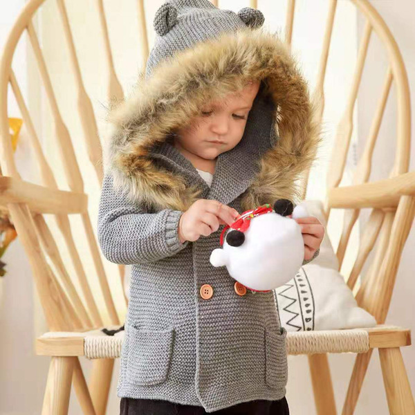 INS Autumn Winter Infant baby hooded wool collar knitting coat baby girl long sleeve autumn winter coat New year's wear