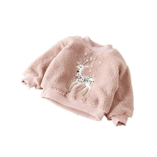 Girls Elk Fur Sweater Baby Pearl Beads Applique Sika Deer Padded Kids Designer Clothes Girl Embroidery Pullover 2-7T Sup Jacket