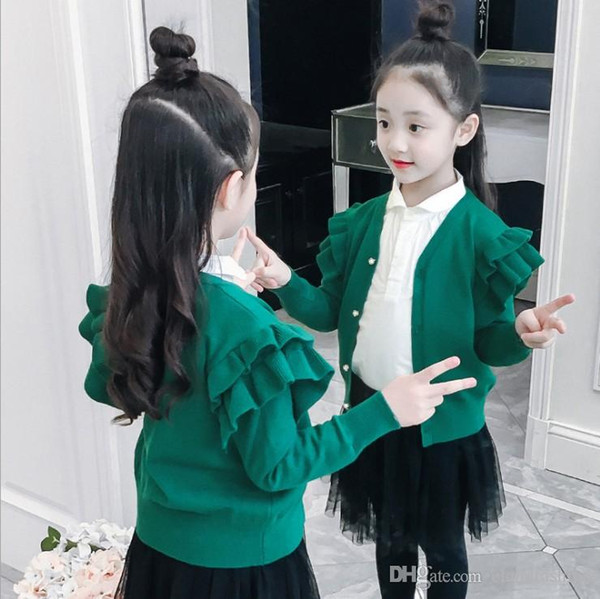 2019 Girls Ins Sweet Soft Knitting Cardigan Autumn Childrens Fashion Falbala V Neck Long Sleeve Sweater Kids Clothing