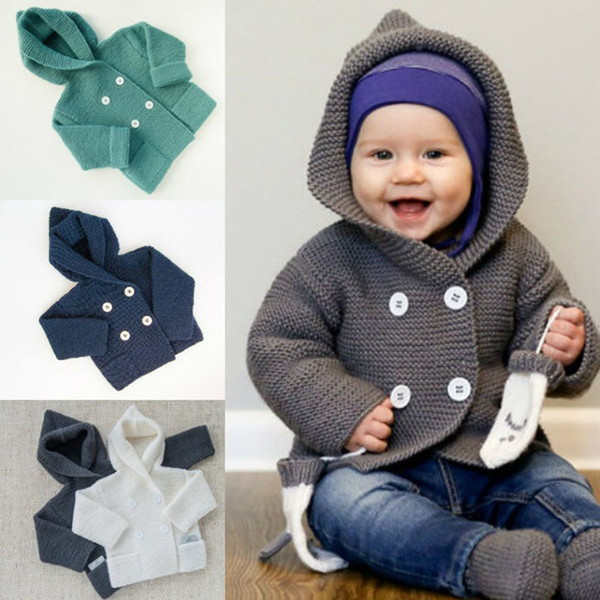 Baby Boy Girl Knitting Cardigan Winter Toddler Girls Sweaters Tops 2017 Autumn Kids Jacket Grey Long Sleeve Hooded Coat 0-24M Fashion