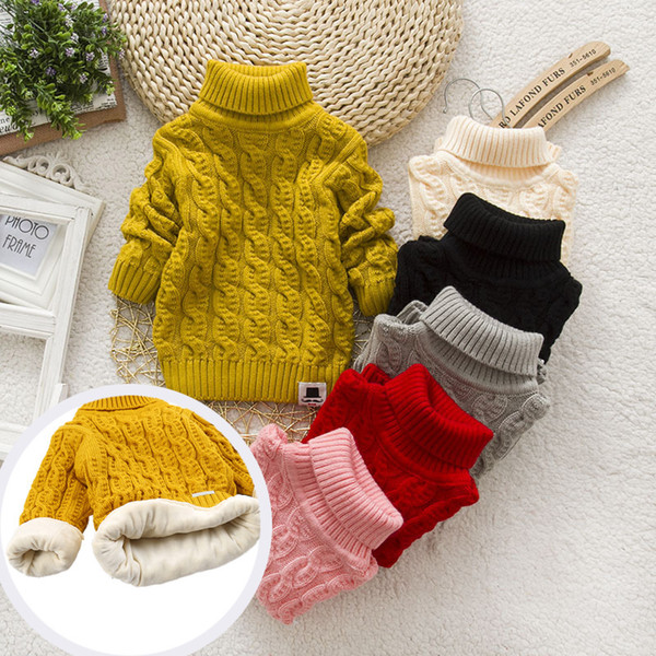 Plush inside pure color winter boy girl kid thick Knitted turtleneck shirts solid high collar pullover fluff sweater