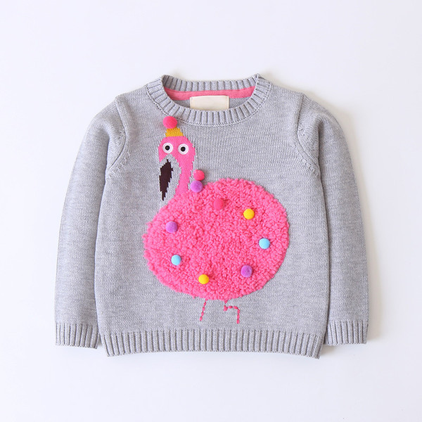 Girls cartoon fleece flamingos sweater kids colorful pompon applique pullover children round collar long sleeve knitted jumper F2056