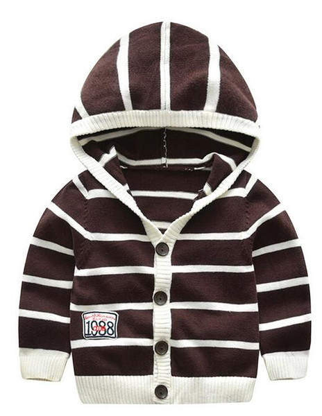 Baby Striped Sweater Children Hooded Neck Cardigan Brown and White Combo Color Soft Handfeel Anti-pilling Combed Cotton