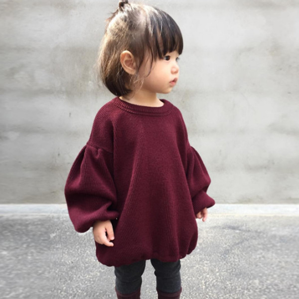 2017 Winter Girl Fashion Puff sleeve Long Sleeve Trousers Sweaters Tops Fall Clothing Solid Lavender Warm Baby Sweaters Outerwear