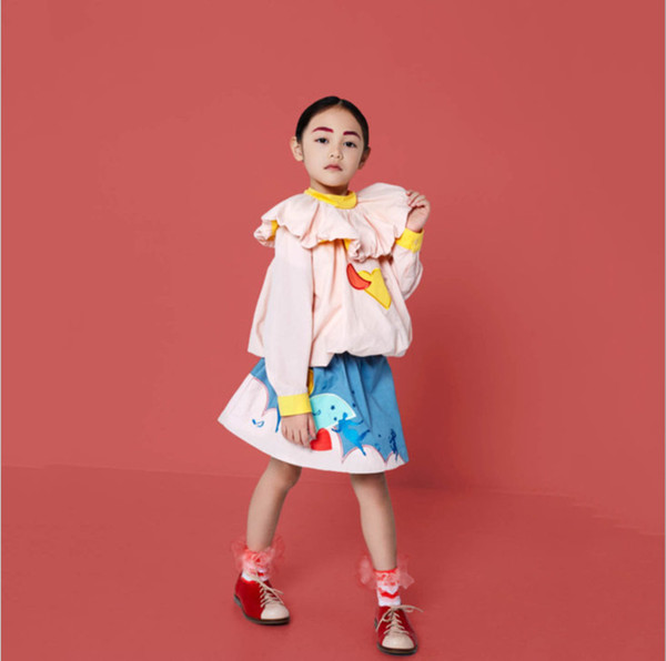 Girls love heart moon star embroidery Tops fashion lapel long sleeve T-shirt kids cartoon princess skirt children clothes