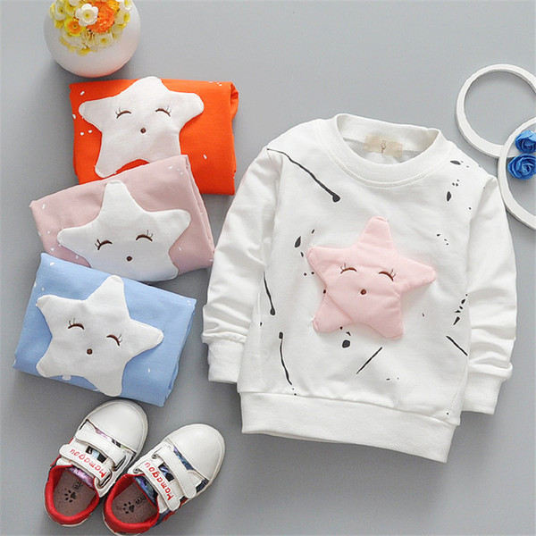 Hot Baby Cartoon T-shirt Sweaters 4 Colors Solid Printed Embroider Eyes Star Elastic Long Sleeve Clothes Little Graffiti Pure Cotton T-shirt