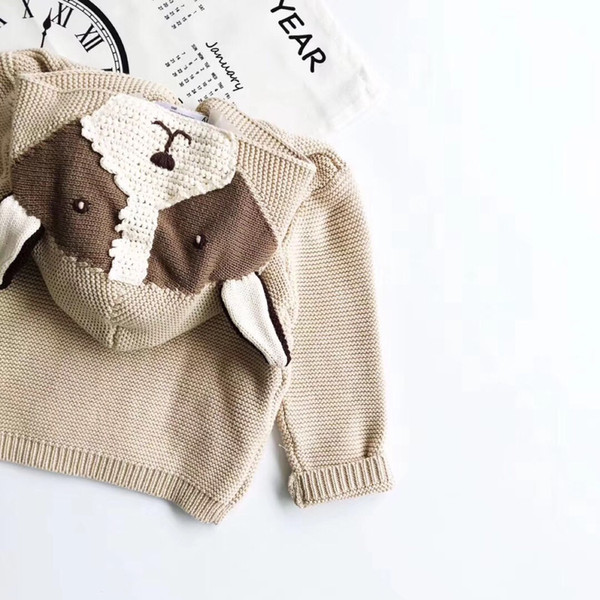 INS baby kids clothing sweater hooded with dog design cardigan sweater apricot solid color buttons boy girl spring fall sweater free ship