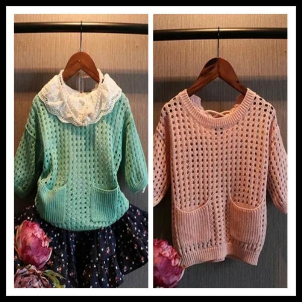 Kids Girl Spring Shirt Round Collar Hollow Out Half Sleeves with Pockets Knitwear Kids Pullover Children Clothes