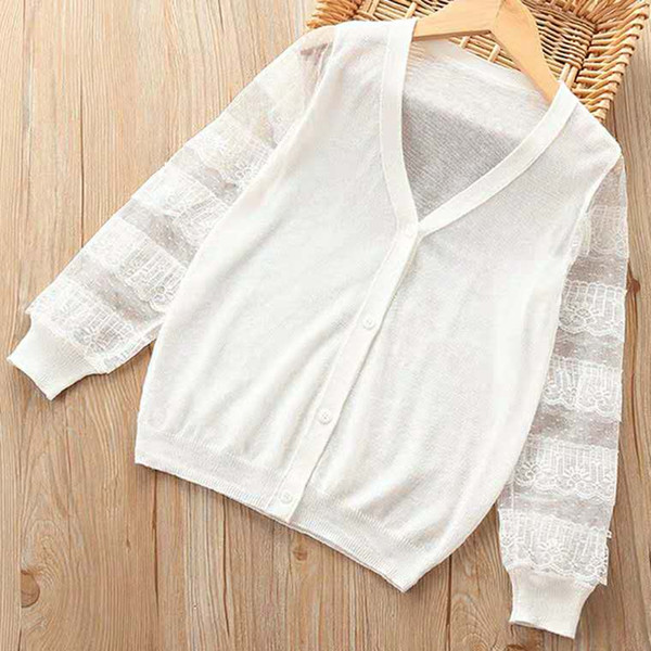 Girls knitted Cardigan Thin Summer New Children's Air Conditioning Shirt Baby Sunscreen Coat Big White Coat