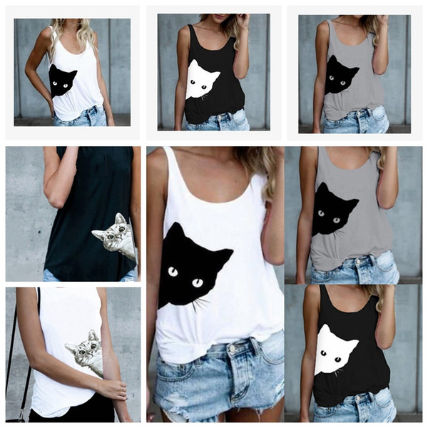 Women sister shirt cute cat printed couple summer tank tops vest flower cat strapless sleeveless print vest