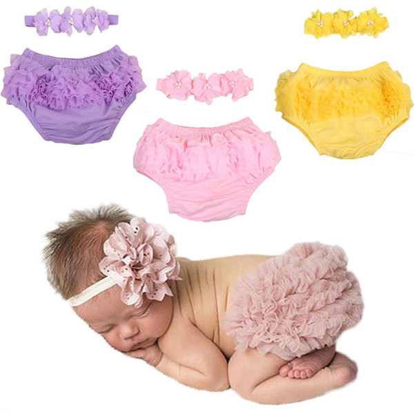 Infant Toddler Newborn Baby Girls Lace Ruffle Lovely PP Pants Casual Underwear Babies Headband 2PCS Photography Props