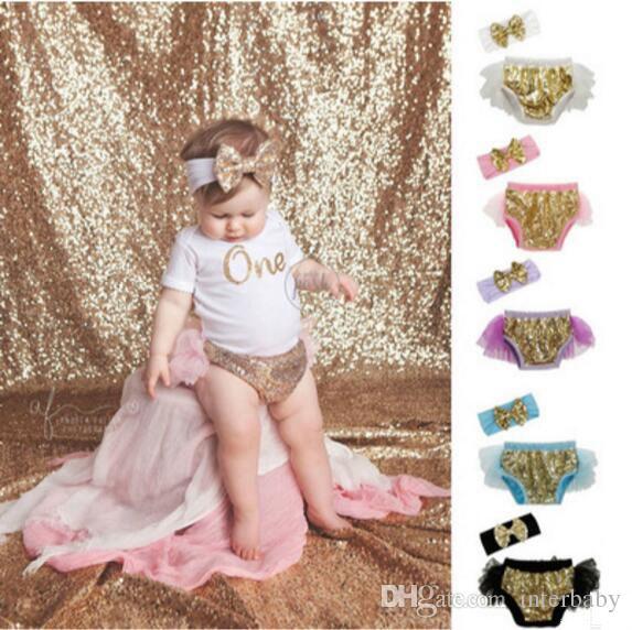 Baby Clothes Newborn Bloomers With Headbands Infant Sequins Diaper Covers Toddler Bowknot Princess Shorts Newborn Boutique Underwear LD13