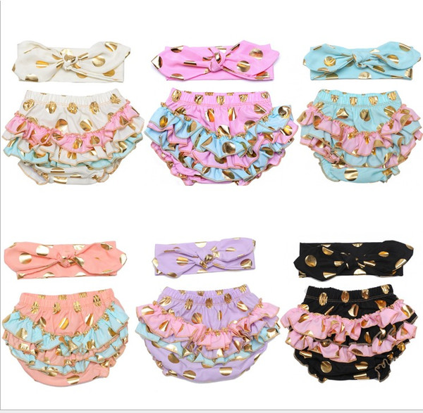 2016 New Born Baby Girls Golden Dots Headband + Ruffles PP Pants Bloomer 2PCS Sets Infant Kids Briefs Headbands Floral Set K7641