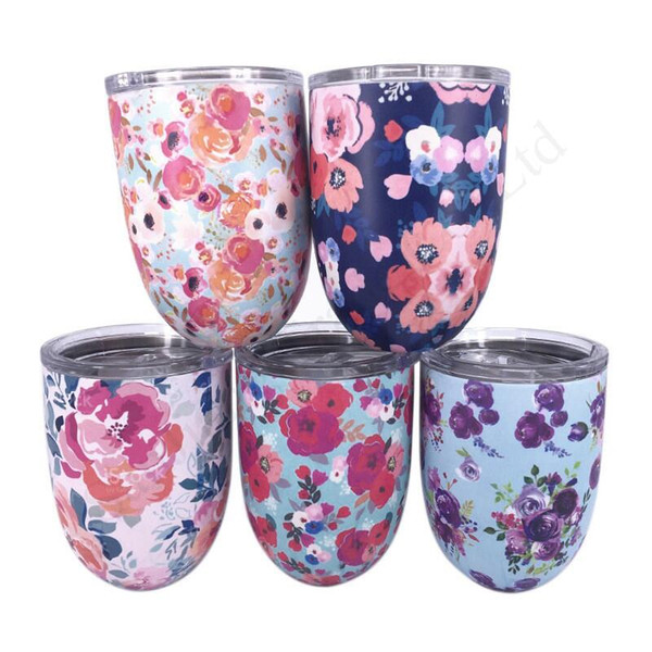 Floral Mermaid Scale Printing Egg Shape Mug Cups with Lid 10 OZ Stainless Steel Handleless Wine Cup Beer Mug Flower Print Round BottleD11401