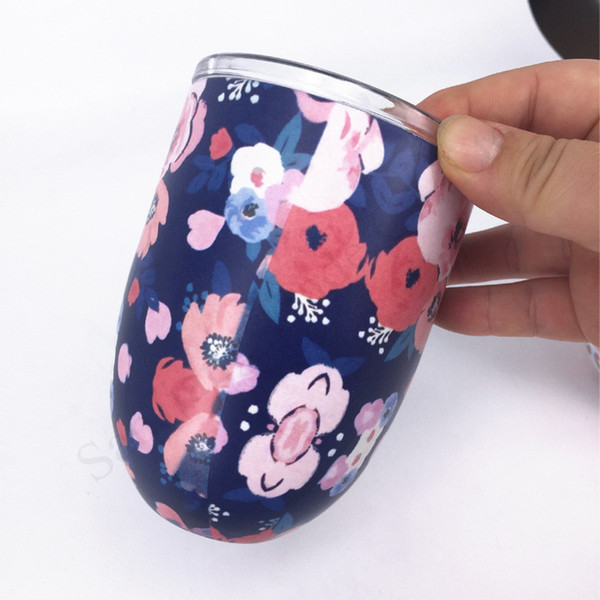 Floral Mermaid Printed Egg Shape Mug Cups With Lid 10OZ Stainless Steel Handleless Vacuum Cup Wine Cup Beer Mug Thermos Water Bottle D11401