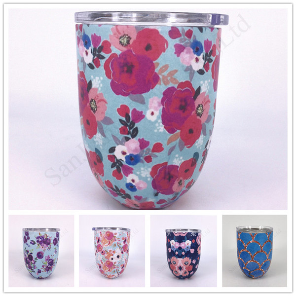 10oz Floral Wine Beer Glass Egg Mug with Lid Stainless Steel Vacuum Cups Mermaid Scale Flowers Print Handleless Water Bottles DHL D11401