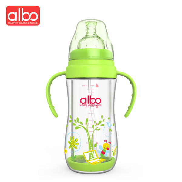 ALBO Hot Selling 210ML Wide Mouth Glass Baby Feeding Bottle Cute Character Design Streamline Glass Baby Milk Bottle BPA Free