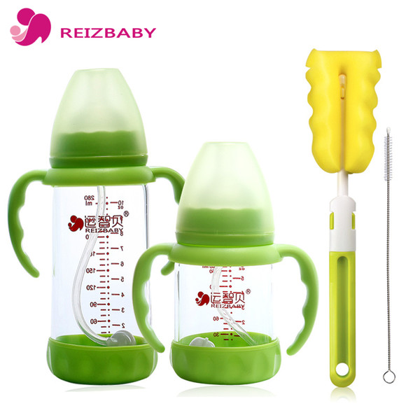 4Pcs/set Brand Baby Bottle 280ml 160ml Glass Handle Wide Mouth Baby Feeding Bottle with Brushes Cleaner Nursing