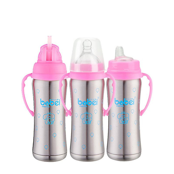 Baby Stainless Steel Feeding Bottle Wide Caliber 240ml Heat Preservation Nipple,Straw and Sippy Cup Screw 3 In 1 Bobei Elephant