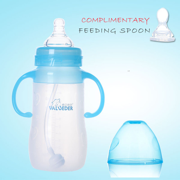 2018 Newest VALUEDER 6m+ Baby Milk Bottle 270ml Wide- Neck BPA Free Soft Silicone Feeding Bottle with Feeder and Handle for Kids