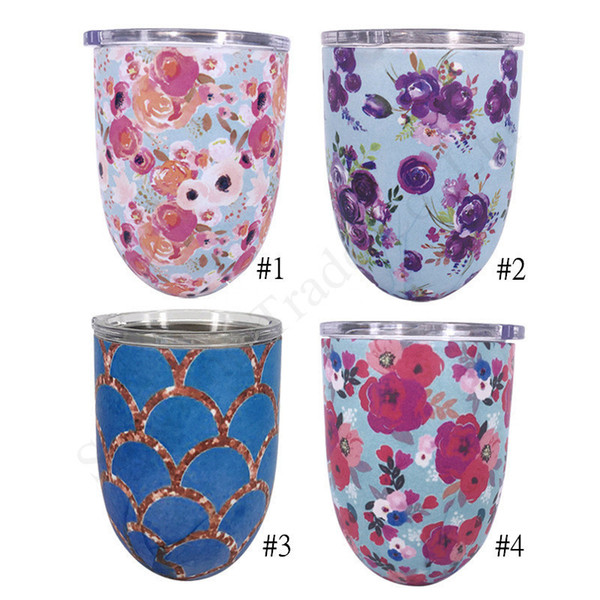 Floral Mermaid Print Egg Shape Mug Cups With Lid 10OZ Stainless Steel Handleless Wine Cup Beer Mug Flowers Thermos Mugs Water Bottle D11401