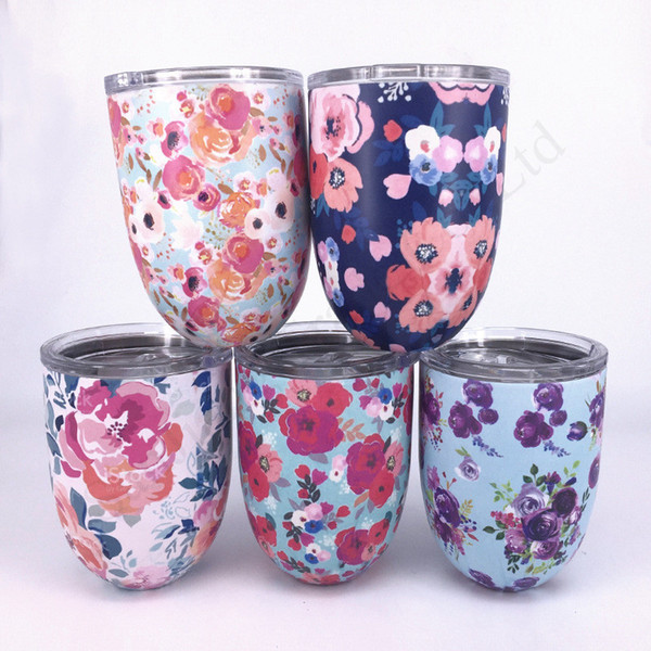 10oz Floral Mermaid Scale Printing Egg Shape Mug Cups with Lid Stainless Steel Handleless Wine Cup Beer Mug Flowers Print Round BottleD11401