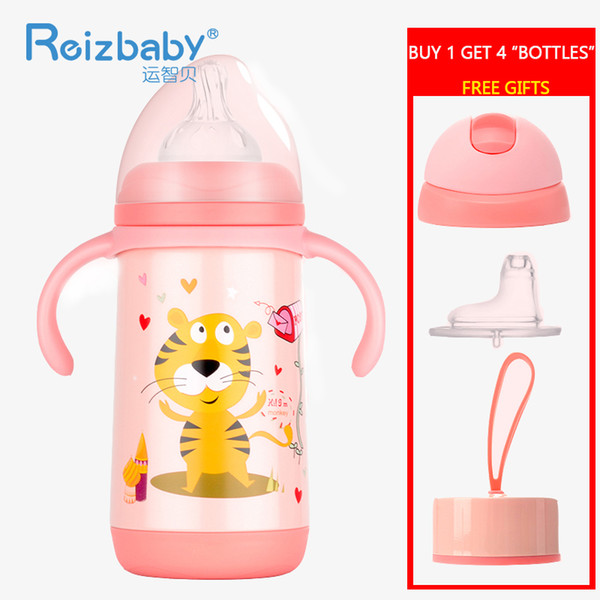 REIZBABY NEW 4in1 Baby Insulated Feeding Bottle Functional Cartoon Stainless Steel Milk Drinking Bottle FREE Straw Spout Nipple