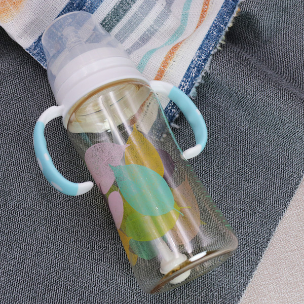 300ml Baby Milk Bottle PPSU Wide Neck Feeding Nursing Bottle with Straw & Curved Drop-proof Handle QD4032