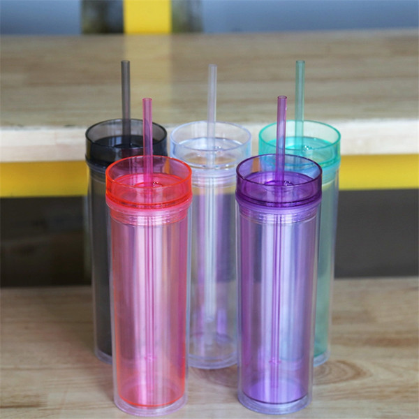 16oz Colorful Skinny Acrylic Tumbler with Straw Lid 480ml Double Wall Portable Water Bottle leakage-proof Plastic Sippy Cup Travel Mug E1301