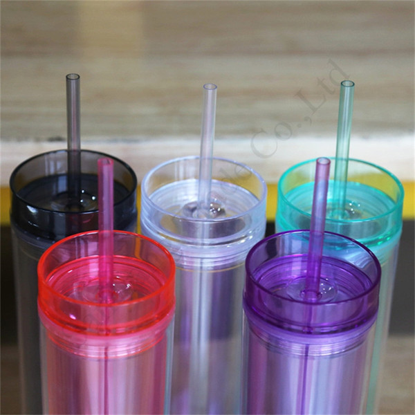 16oz Colored Acrylic Tumbler with Straw Lid 480ml Double Wall Skinny Slim Bottle Leakage-proof Plastic Sippy Cup Outdoor Water Mugs E1301