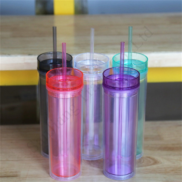480ml 16oz Colored Skinny Acrylic Tumbler with Straw Lid Double Wall Slim Long Bottle Leakage-proof Plastic Cup Tea Mugs Water Bottles E1301