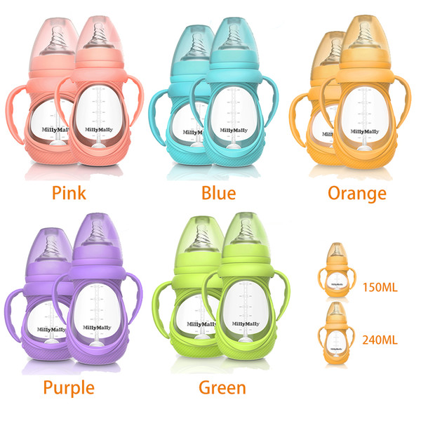 Baby Glass Bottle Anti Colic Wide Neck With Detachable Handle Feeding Bottle For Newborn Infant Toddler BPA Free