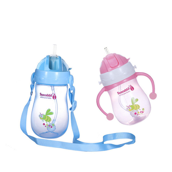 Sunrabbit 280ml 10OZ portable wide mouth baby feeding bottle, glass infant milk bottles with straw and handle, training drinking bottle