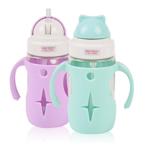 280ML Baby Kids Water Bottle With Straw Child drinking bottle Feeding Glass Cup Tumbler leak proof with Handle and Silicone Case