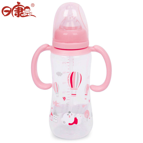 Wholesale-Rikang RK-3069 240ml Cute Cartoon Print Nipple Feeding Bottle with Handles for Infant Babies