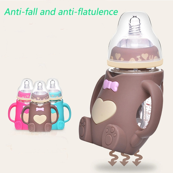 Baby Bottle Bear Feeding Bottles Cute Bottle With Silicone Cover Anti Fall Handle Bottles Anti-flatulence Maternal Newborn Bottle YFA632