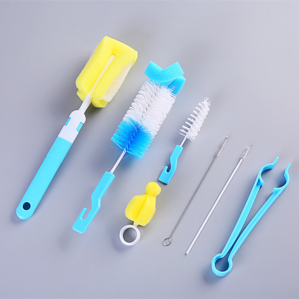 Infant Baby Bottle Brush 7in1 Stainless Steel Straw Brush Nipple Sponge Brush for Cleaning Baby Bottle