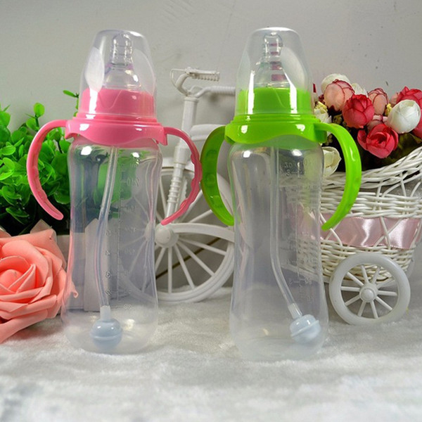 2018 240ml / 60ml Cute Baby bottle Infant Newborn Cup Learn Feeding Drinking Handle water Bottle kids Straw Juice random colors